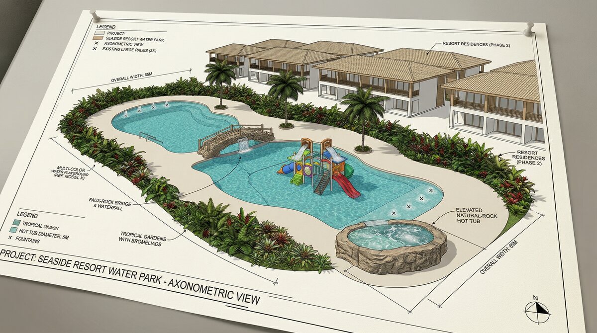 Projeto axonométrico de um parque aquático de resort, com piscina orgânica, prainha e hidromassagem
