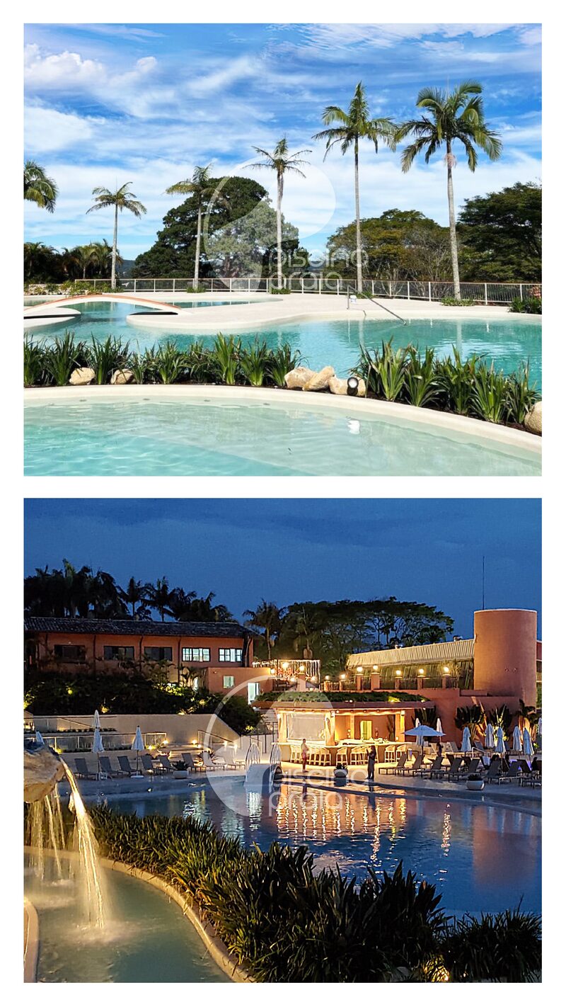 Piscina de resort em duas vistas, de dia com coqueiros e à noite iluminada
